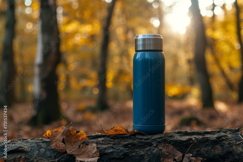 Fototapeta premium Hiking and camping flask with a blue thermos on a forest log