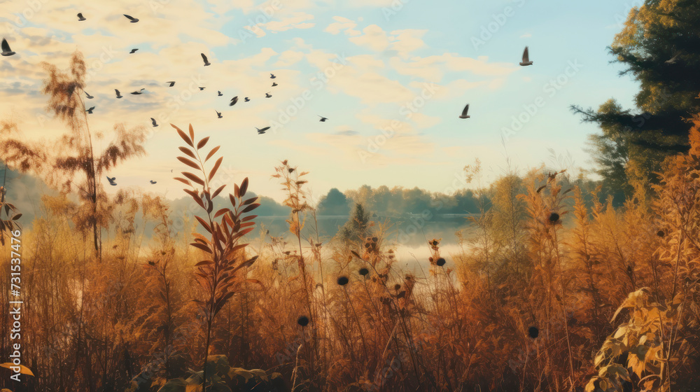 Obraz premium Warm lazy autumn afternoon walk landscape is changing birds flock to the seed from grasses harmony exist in Mother Nature feeling blessed. Generative AI