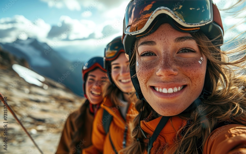 girl skier with friends with Ski goggles and Ski helmet on the snow mountain girl skier with friends with Ski goggles and Ski helmet on the snow mountain