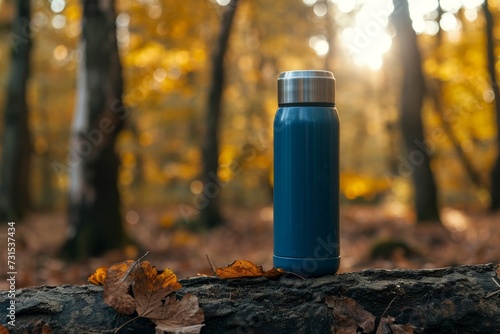 Hiking and camping flask with a blue thermos on a forest log