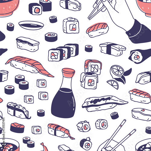 Sushi pattern. Seamless background, Japan food. Endless repeating print, Japanese eating. Rolls, maki, nigiri, chopsticks, Asian texture for wrapping, pack design. Printable flat vector illustration