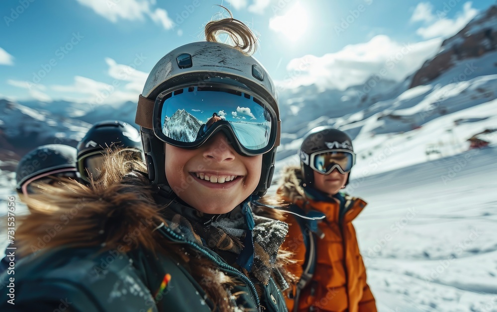 boy skier with friends with Ski goggles and Ski helmet on the snow mountain boy skier with friends with Ski goggles and Ski helmet on the snow mountain