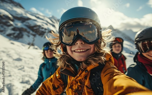boy skier with friends with Ski goggles and Ski helmet on the snow mountain © jiawei