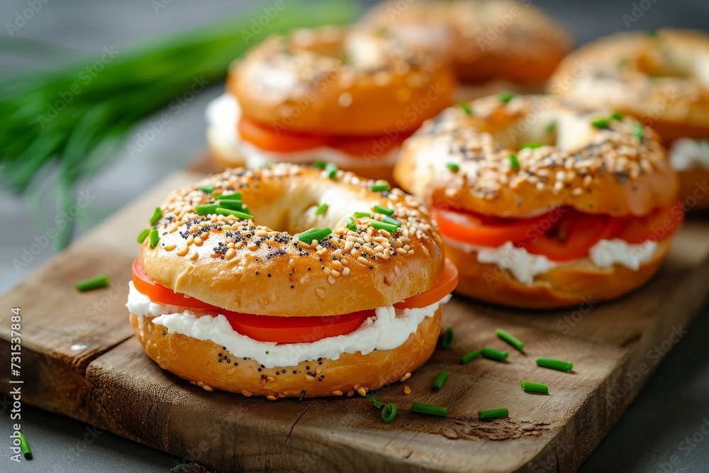 Healthy vegetarian snacks that consist of bagel sandwiches with cream cheese tomatoes and chives Healthy vegetarian snacks that consist of bagel sandwiches with cream cheese tomatoes and chives