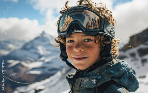 boy skier with Ski goggles and Ski helmet on the snow mountain © jiawei
