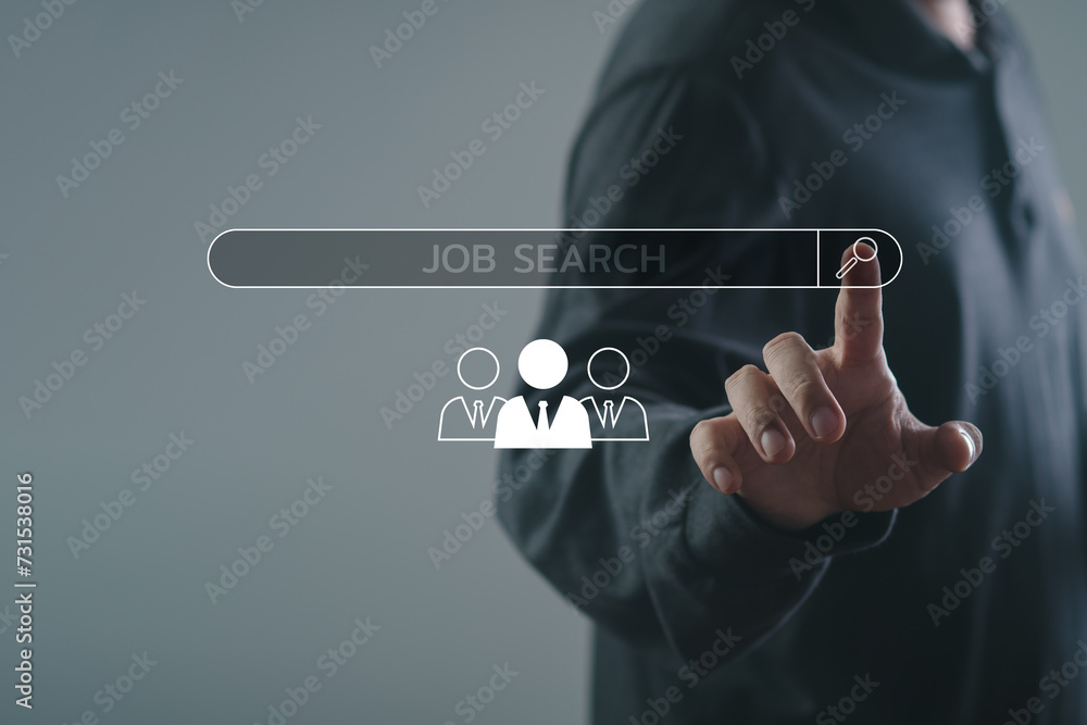 Man hand touching search icon. Human resources HR, CRM, data mining and social media concept - officer looking for employee represented by icon. Gender discrimination in employees selection. Man hand touching search icon. Human resources HR, CRM, data mining and social media concept - officer looking for employee represented by icon. Gender discrimination in employees selection.