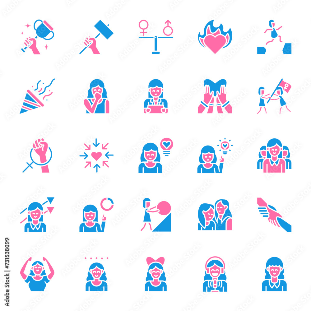 Fototapeta premium Womens Day Solid Color Icon Set. Vector Illustration impact, voice, ambition, courage, diversity, equality, opportunity, progress, leadership, strength, quality, innovation, inspiration, solidarity