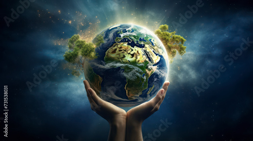 Human Palms Hold a Glass Globe of Land on Which a Beautiful Tree Grows, Planet Earth is on Background Space View. Generative AI