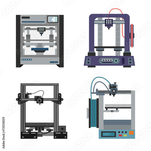 Set of 3d printers isolated on white background. 3d concept. Technology concept.