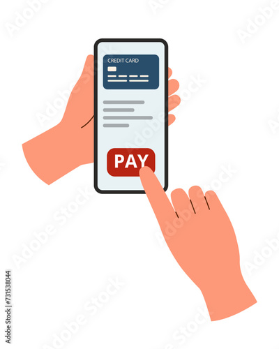 Contactless online payment by phone. The concept of money, the concept of technology and wireless payment. Human hands holding a phone with a pay button.