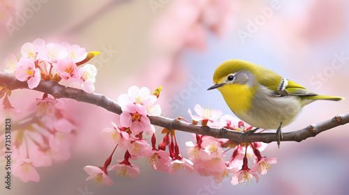 Delicate Pink Blossom on Tree Branch with Perching Bird. Generative AI