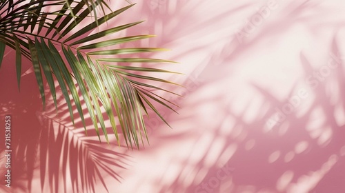 Blurred shadow from palm leaves on the light pink wall background.