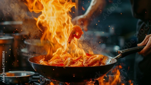 Closeup of chef throwing prawns from wok pan in fire.