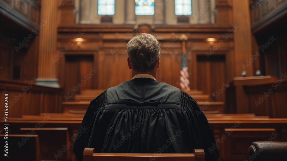 Naklejka premium Rear view photo of man, judge in black robe sitting in empty courtroom and looking to wooden benches.
