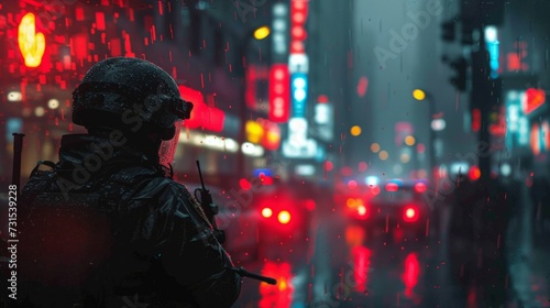 Soldier in gear stands under rain, city lights blur in background creating moody, cinematic effect.