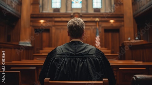 Rear view photo of man, judge in black robe sitting in empty courtroom and looking to wooden benches.