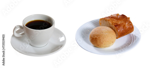 Fototapeta Naklejka Na Ścianę i Meble -  【PNG透過】白い皿に盛られた焼きたてパン２種とコーヒーセット