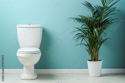 Use nearby plant to clean toilet near colored wall