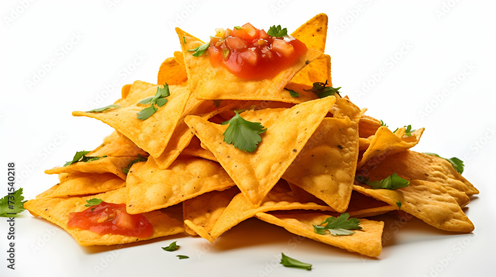 A stack of cheesy nachos with salsa A stack of cheesy nachos with salsa