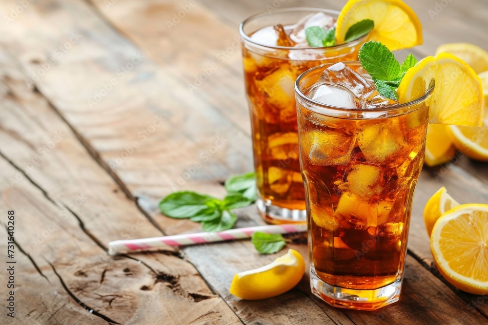 Space for text on wooden table with delicious iced tea Space for text on wooden table with delicious iced tea