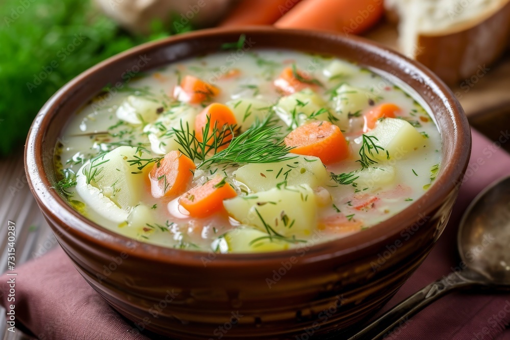 Traditional Polish soup with pickled cucumbers potatoes carrots and dill cucumber soup