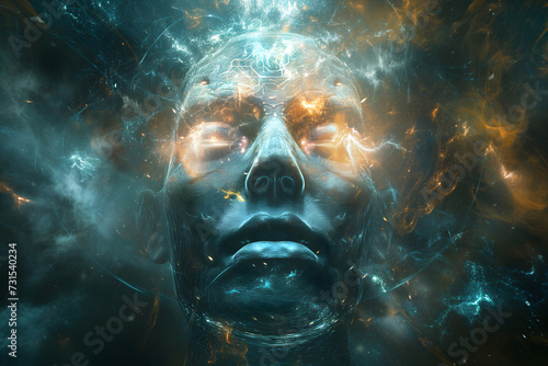 glowing humanoid supernatural face for AI or AGI - Artificial General Intelligence - or - ASI Artificial Super Intelligence - god concept photo