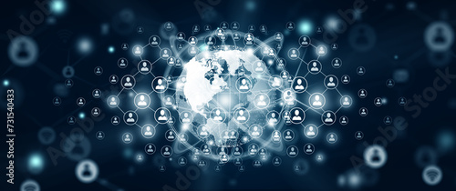 World business, People and Network connection concept. Global connection with connecting people orbit around the world. Code programming, Digital binary and World map background. 3D illustration.