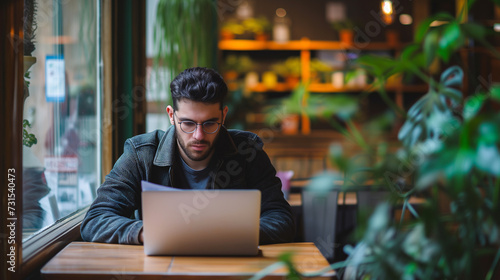 Young man using laptop computer at the cafe, working remote and technology concept