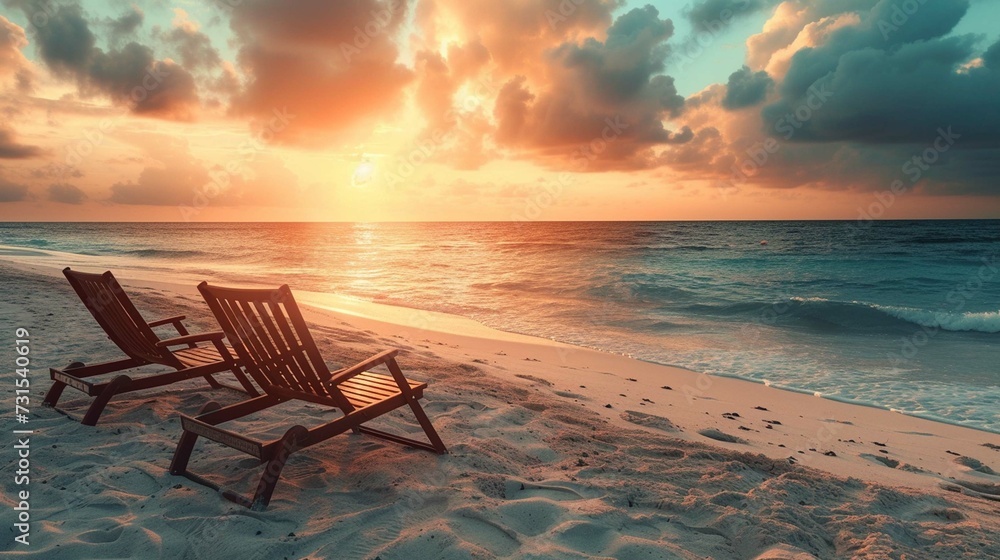 Empty chairs on sandy beach at sunrise or sunset.