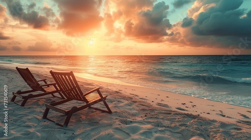 Empty chairs on sandy beach at sunrise or sunset.