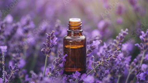  Glass bottle with essential oil among the lavender blossoms  A bottle of lavender essential oil with fresh lavender twigs