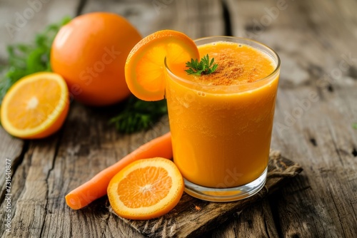 Carrot smoothie in a wooden glass