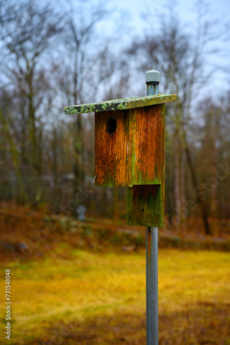 A rustic birdhouse in the rainy winter meadow