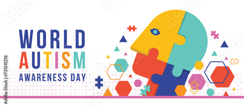 Wolrd Autism Awareness Day - Head human jigsaw puzzle sign and colorful various shapes around on floor with dot texture background vector design