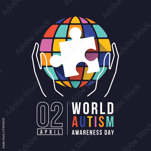Wolrd Autism Awareness Day - White line hands hold jigsaw puzzle sign in colorful globe world sign on black background vector design