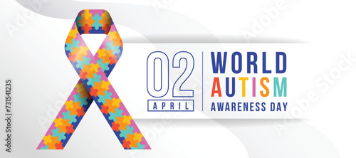 Wolrd Autism Awareness Day - Text and Colorful puzzle ribbon of autism awareness sign on curve texture background vector design
