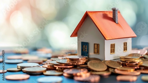 house model atop a pile of coins, representing the idea of saving for a home loan or mortgage Focus on the symbolic relationship between the house and the money