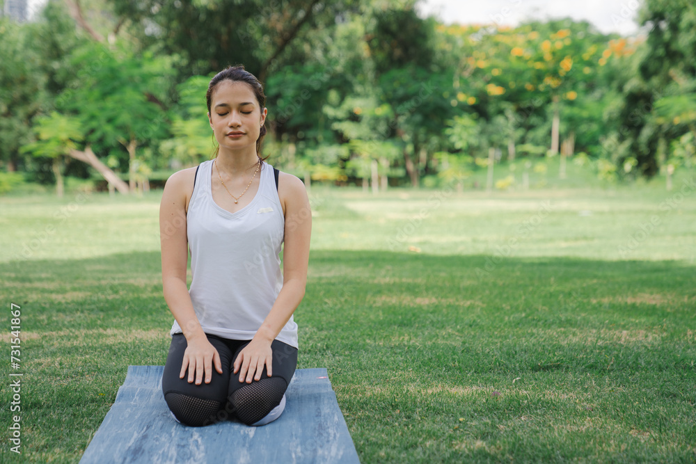 Young women have beautiful bodies, Playing yoga in an elegant posture, in the green park, is a concept of people's recreation and health care concept. blurred background Young women have beautiful bodies, Playing yoga in an elegant posture, in the green park, is a concept of people's recreation and health care concept. blurred background