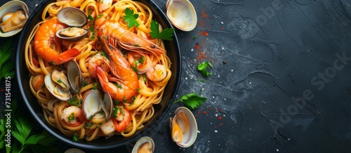Seafood pasta with clams and prawns, top view, with room for text. photo