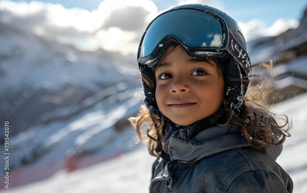 little girl skier with Ski goggles and Ski helmet on the snow mountain little girl skier with Ski goggles and Ski helmet on the snow mountain