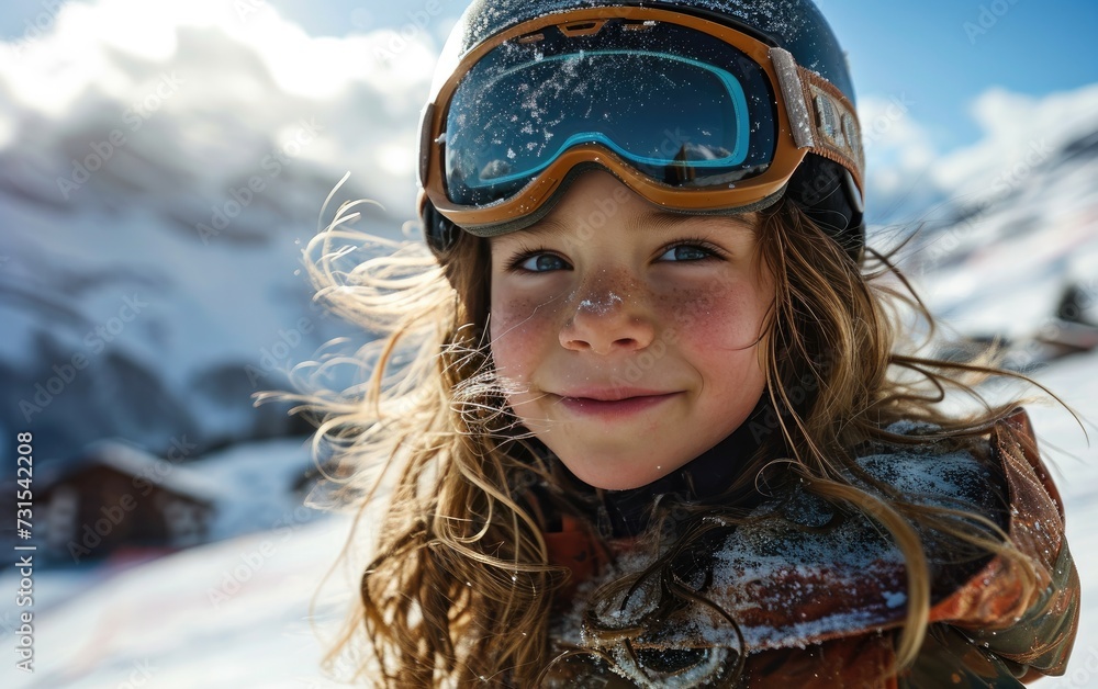 little girl skier with Ski goggles and Ski helmet on the snow mountain little girl skier with Ski goggles and Ski helmet on the snow mountain