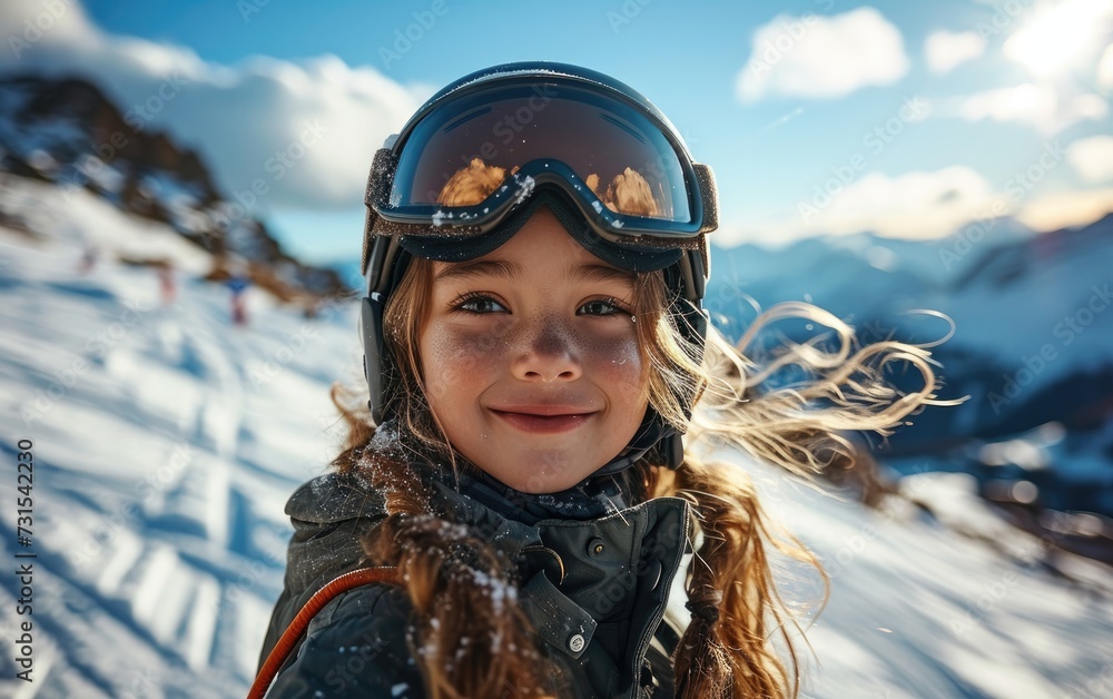 little girl skier with Ski goggles and Ski helmet on the snow mountain little girl skier with Ski goggles and Ski helmet on the snow mountain