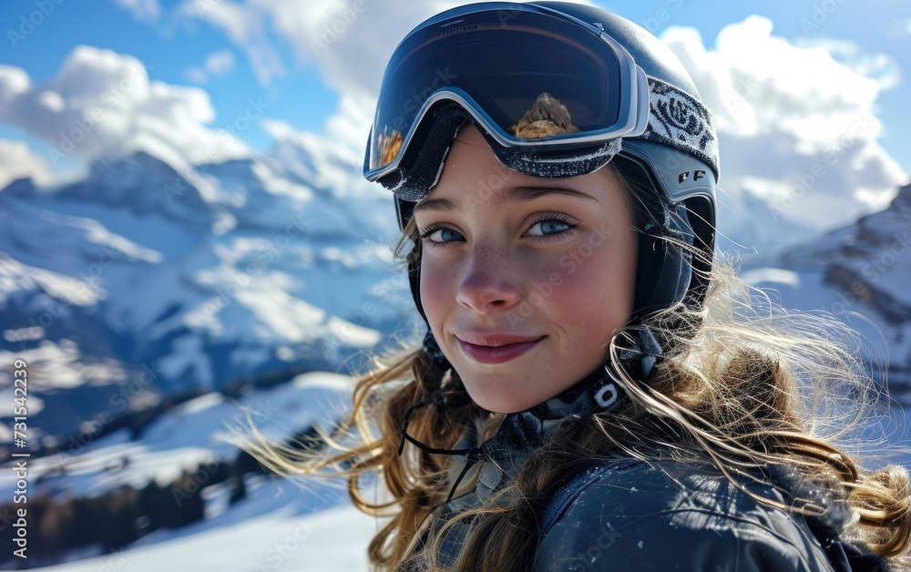 girl skier with Ski goggles and Ski helmet on the snow mountain girl skier with Ski goggles and Ski helmet on the snow mountain