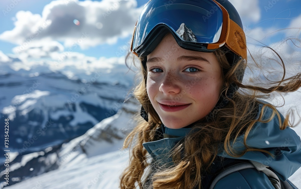 girl skier with Ski goggles and Ski helmet on the snow mountain girl skier with Ski goggles and Ski helmet on the snow mountain