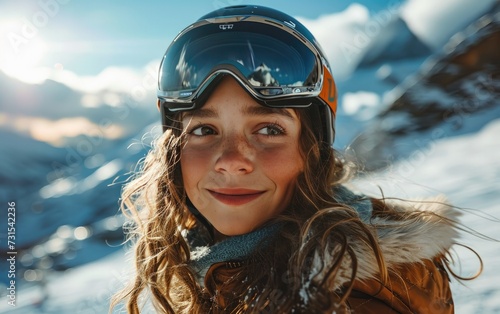 girl skier with Ski goggles and Ski helmet on the snow mountain