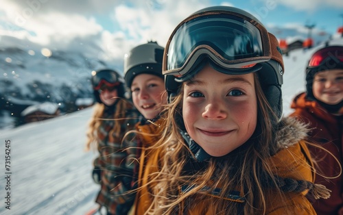 girl skier with friends with Ski goggles and Ski helmet on the snow mountain