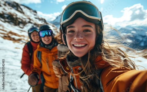 girl skier with friends with Ski goggles and Ski helmet on the snow mountain © jiawei