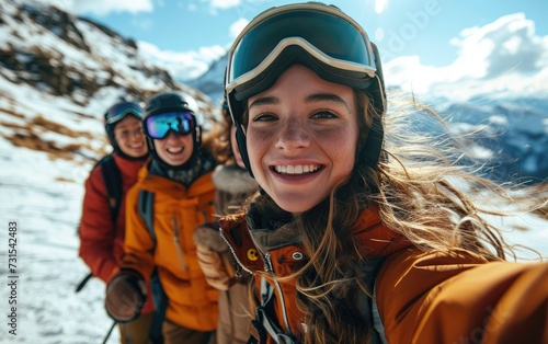 girl skier with friends with Ski goggles and Ski helmet on the snow mountain