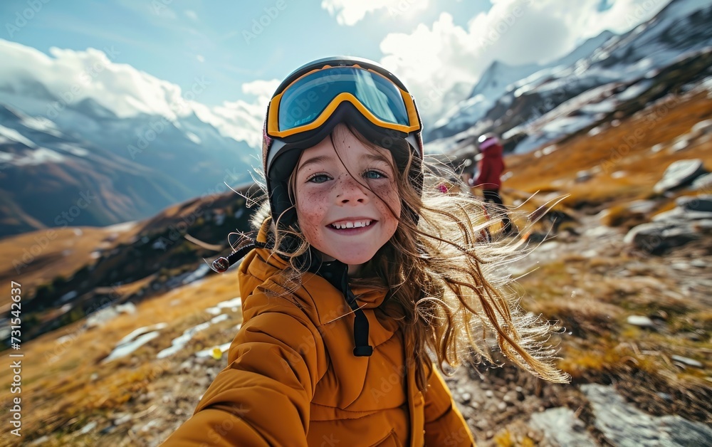 little girl skier with Ski goggles and Ski helmet on the snow mountain