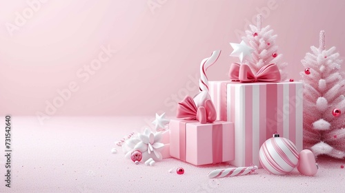 Merry Christmas and happy new year, Christmas decoration composition, gift box, candies, on pastel pink background. 